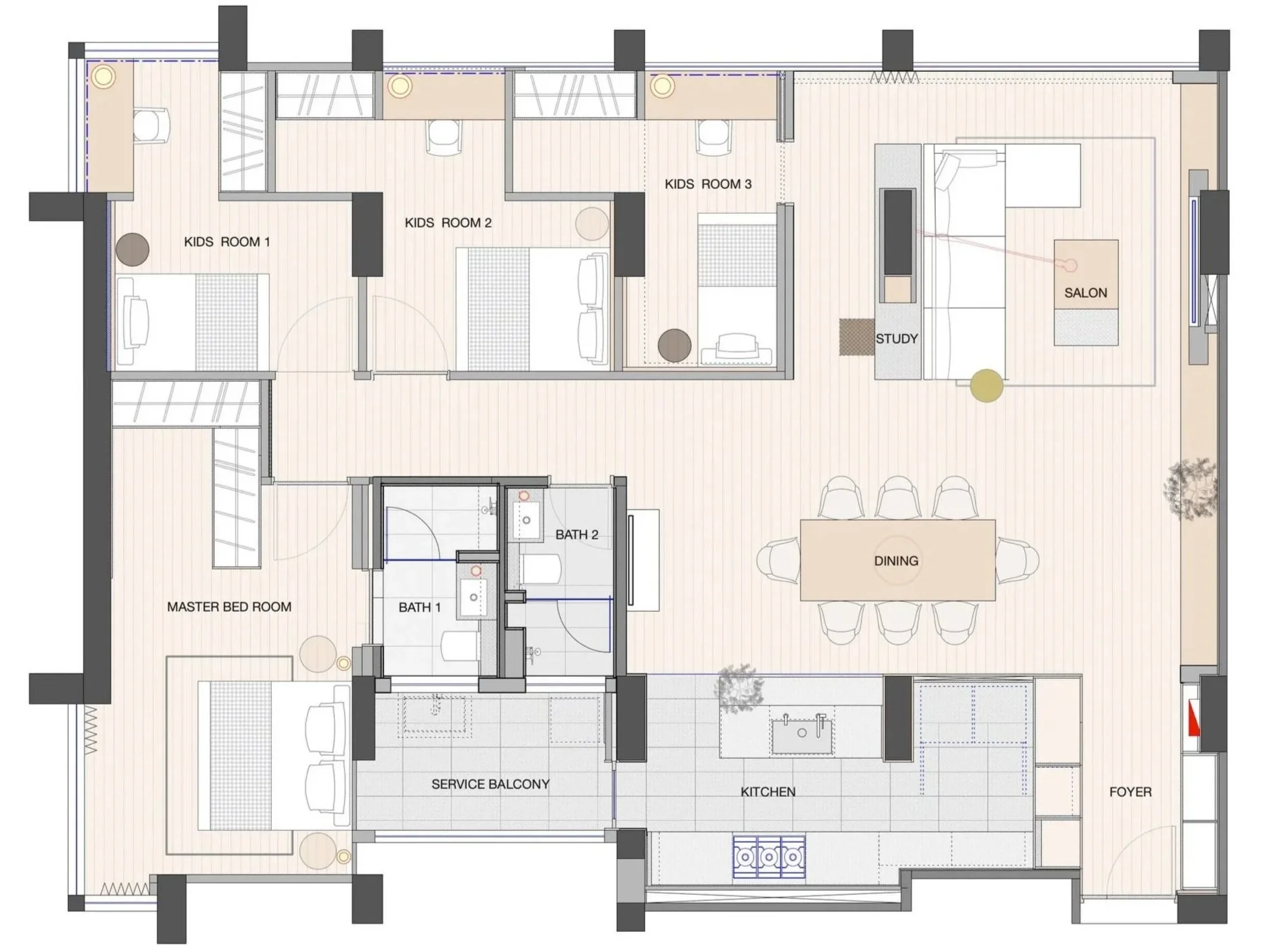 Floor plan of a residential home showing various rooms including bedrooms, bathrooms, living room, dining area, kitchen, service balcony, and foyer.