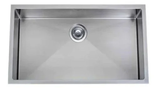Top view of a stainless steel kitchen sink with a drain hole in the center.