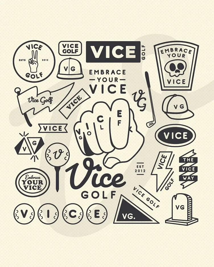 Collection of black and white logos and illustrations with the word 'VICE' related to golf, including a fist, skull, golf club, flag, hat, and various text elements.