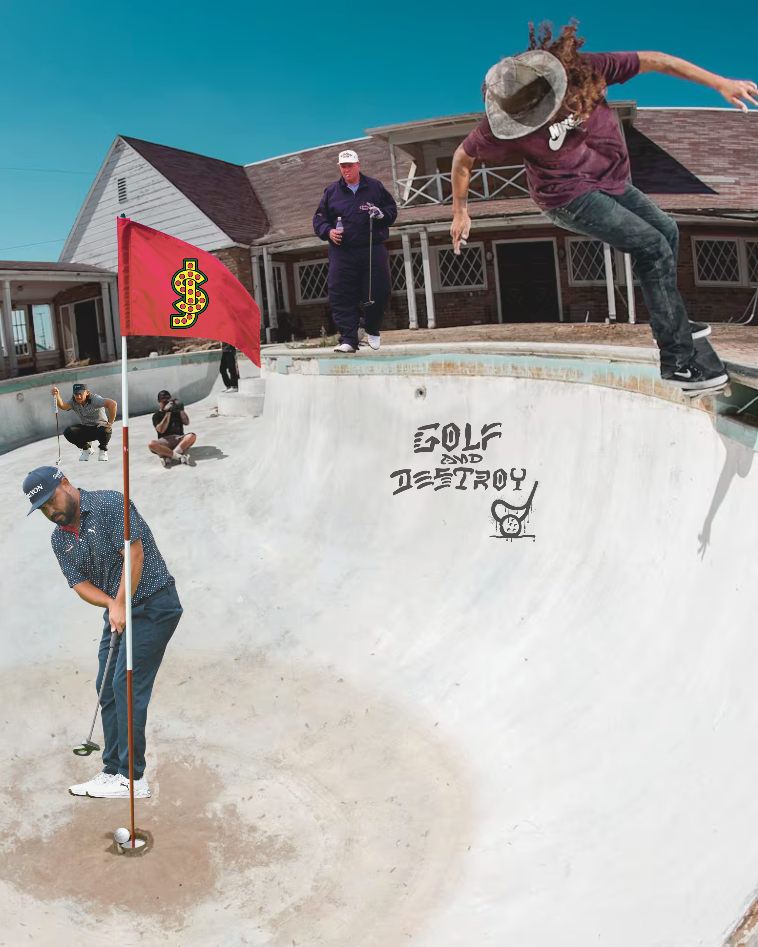 People playing mini golf on a dusty course outside a house with a large wooden porch. One person is putting with a golf club, while others are watching or taking photos. A red flag with a colorful snake design marks the hole. The sky is clear and blue.