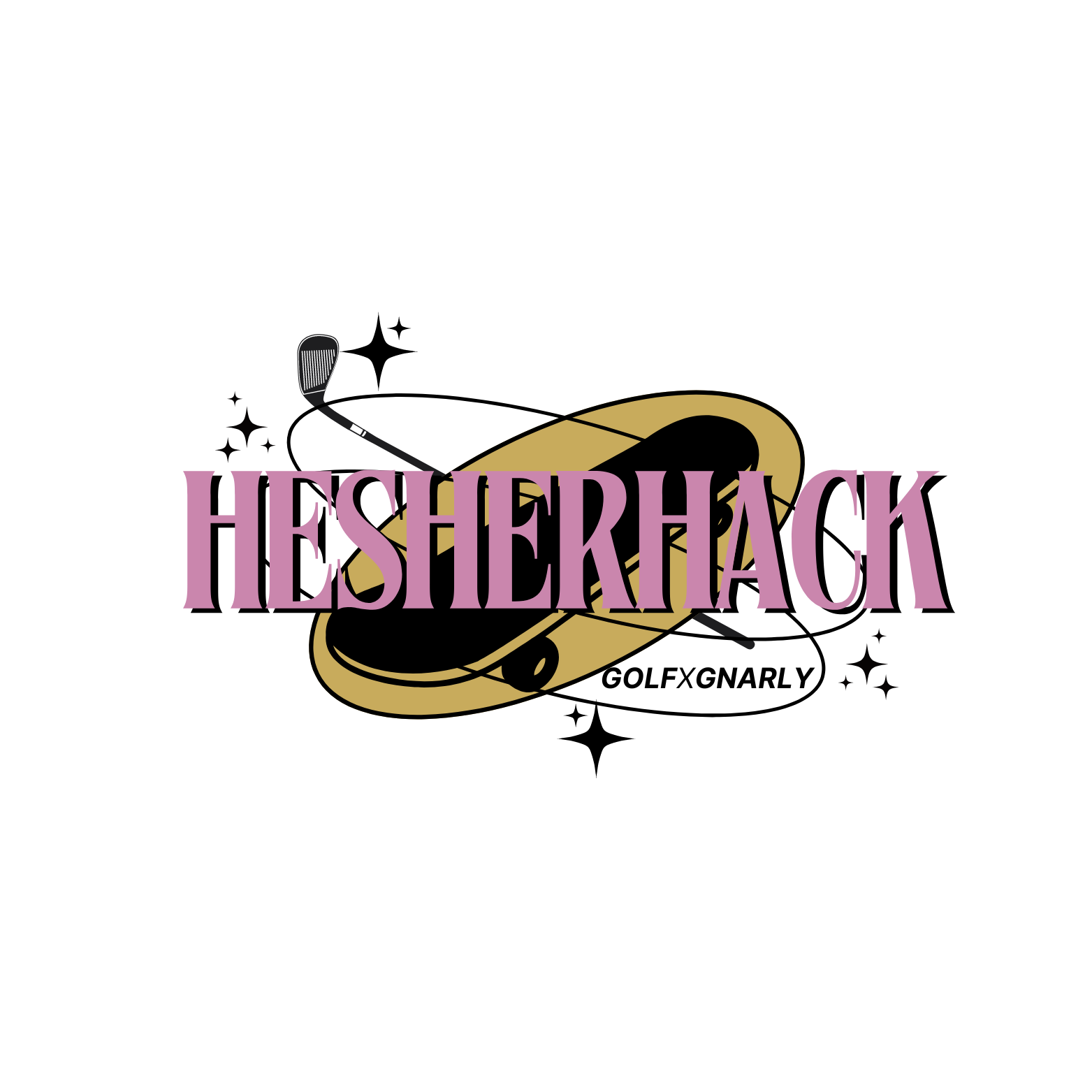 A stylized logo for HeshErHACK featuring a gold tennis racket and a golf club crossed behind the word 'HESHERHACK' in lavender text.