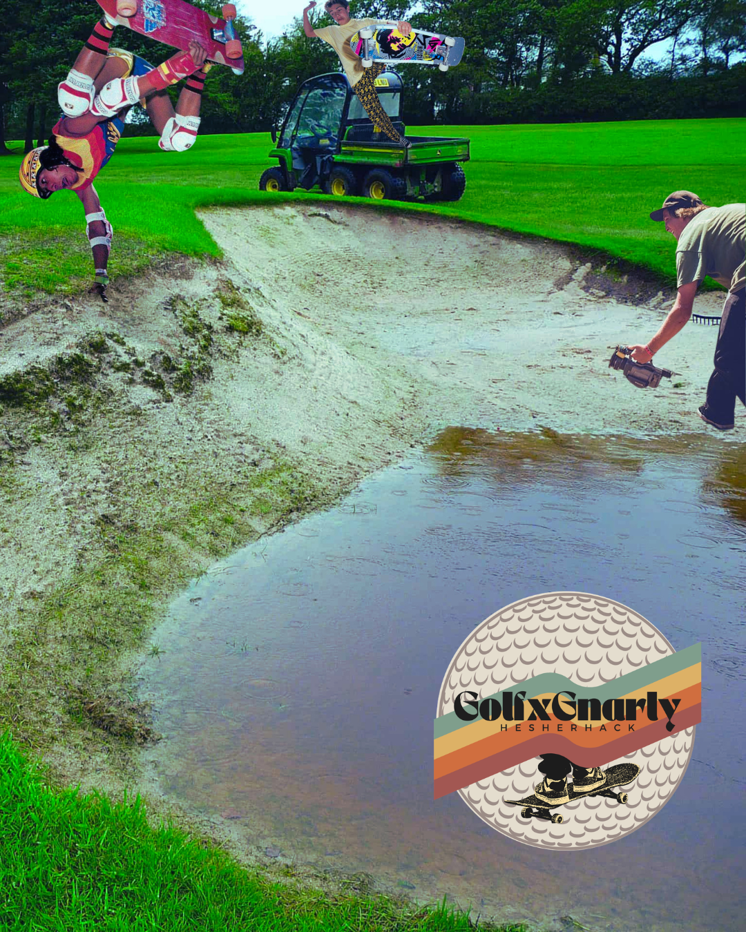 A skateboarder flips through the air near a golf course pond while a man films with a camera and a person in the background holds a skateboard. The scene is surreal with a golf ball and logo reading 'Golf Snarly Hesh Hack' added to the image.