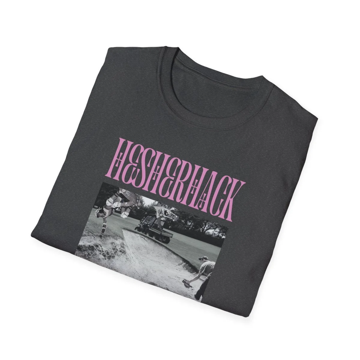 Gray T-shirt with graphic design featuring the word 'HSHGHACK' in pink, bold uppercase letters and a black-and-white photo of skateboarding scene.