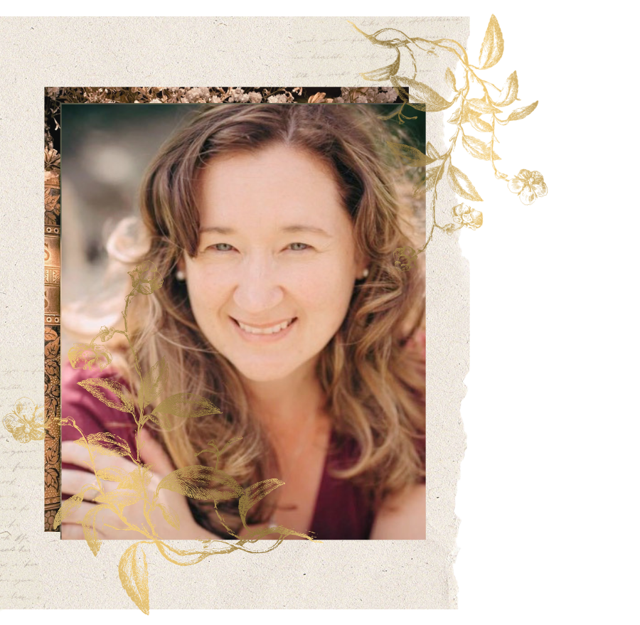 Kylie Mansfield, historical fiction author, smiling portrait with gold floral border