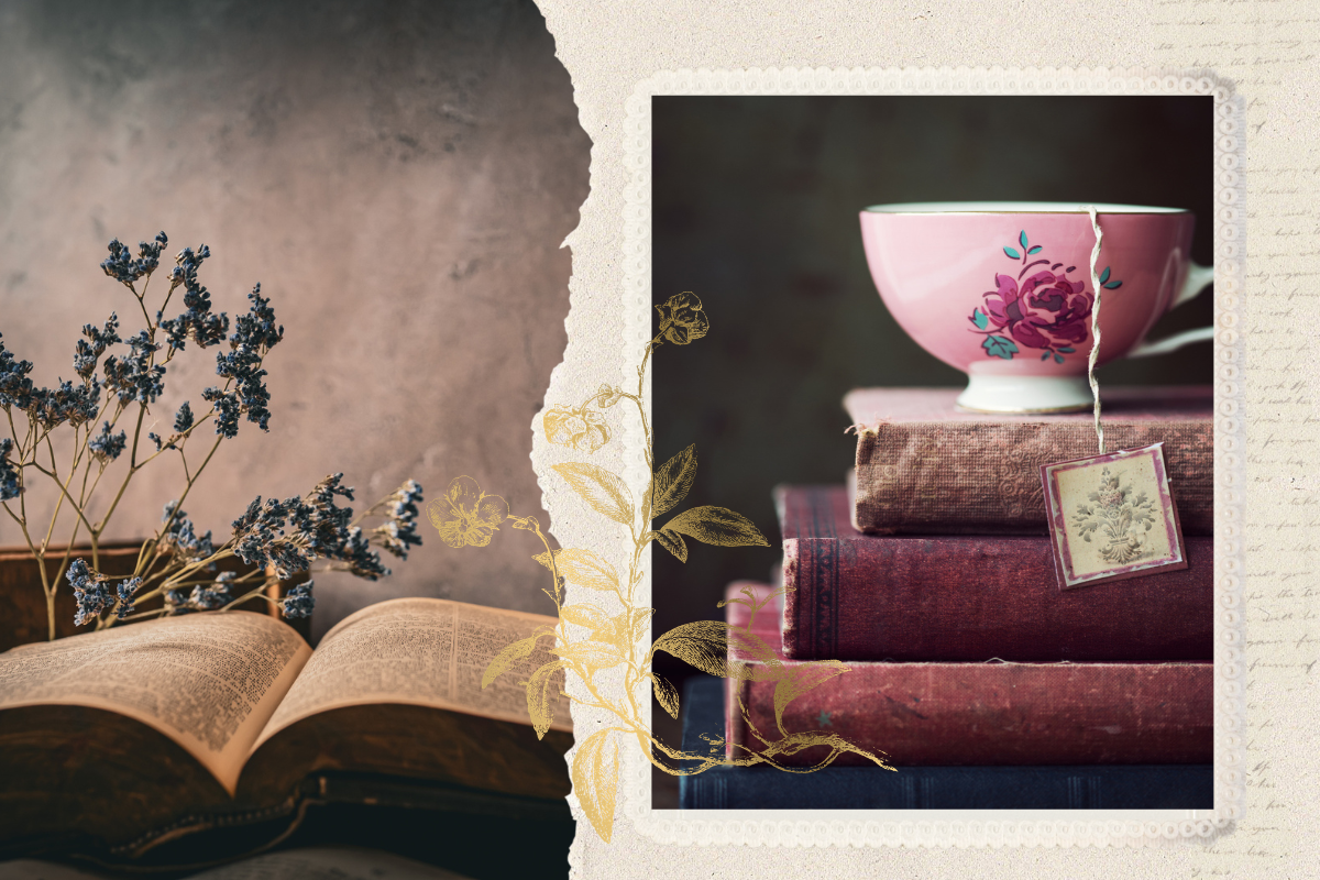Pink floral teacup resting on a stack of vintage books