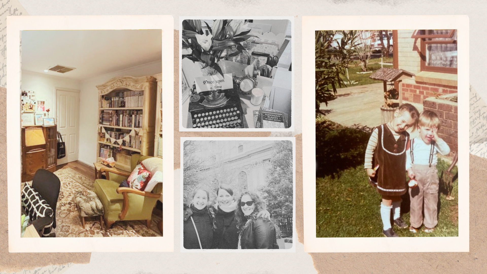 Kylie Mansfield author photo collage showing her writing room, vintage typewriter, friends and childhood photo
