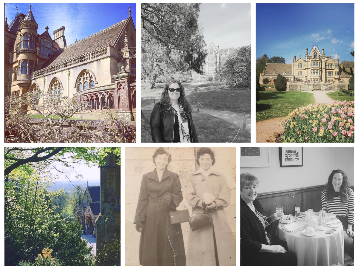 Kylie Mansfield visiting historic English manor houses and countryside locations that inspired The Storyteller of Wyld Hall, including family archive photos