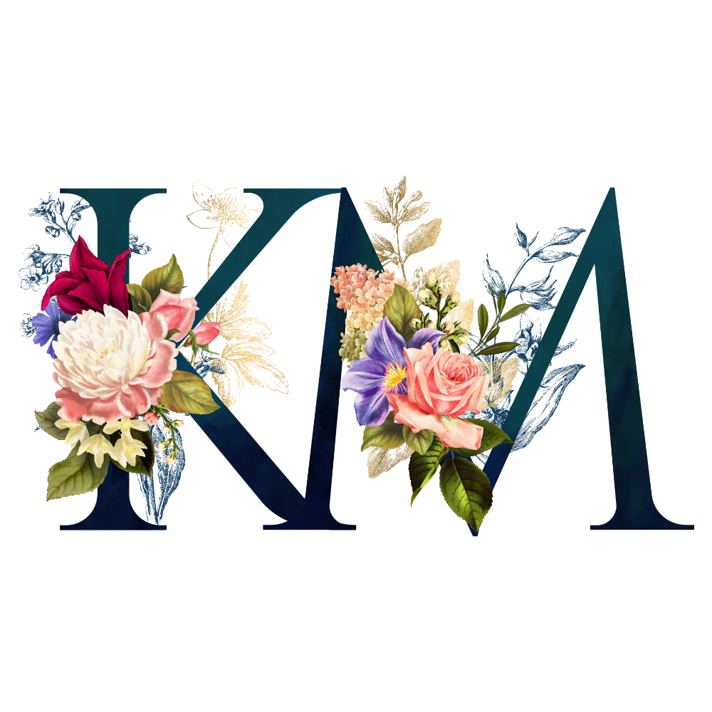 Kylie Mansfield KM floral monogram logo with botanical illustration