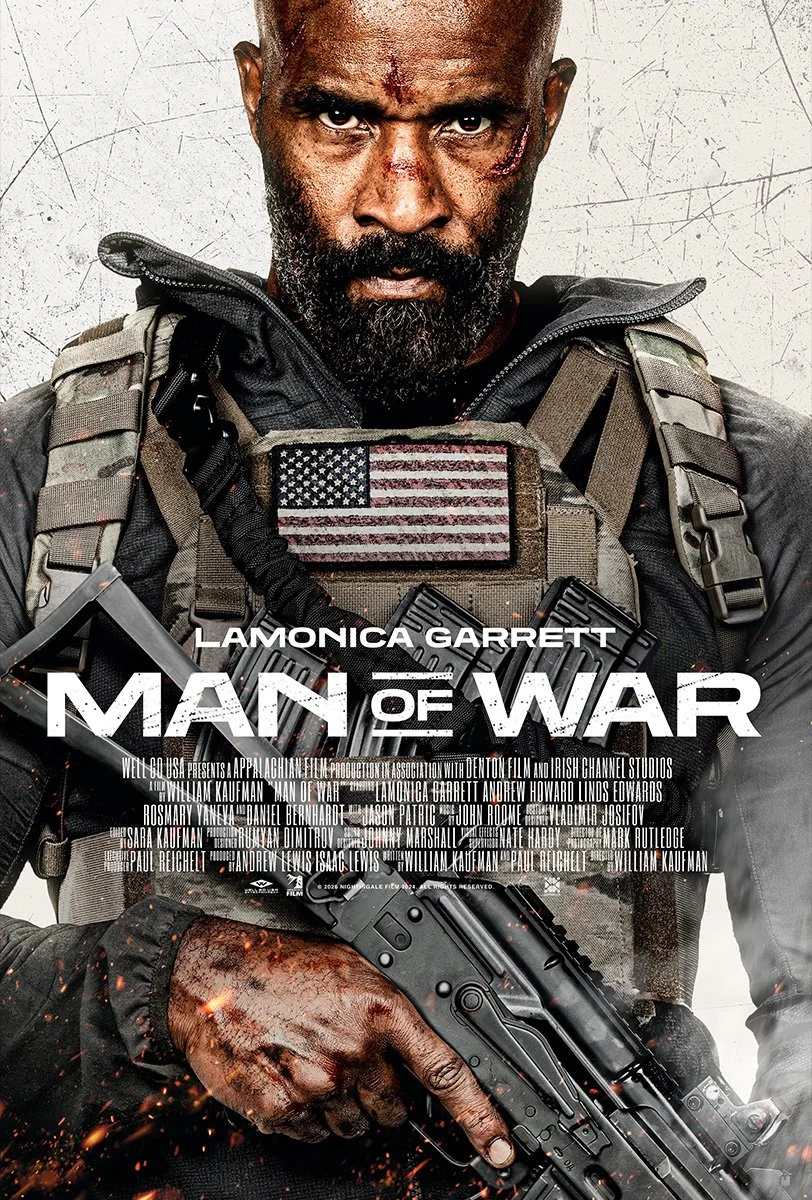 A rugged man with a beard, sporting facial scars, wearing tactical gear with an American flag patch, holding a handgun, on the cover of the movie 'Man of War'.