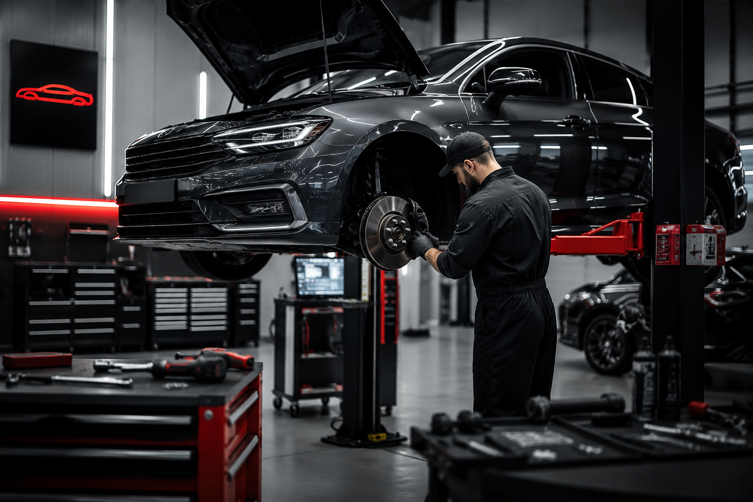 A mechanic working on a black car suspended on a hydraulic lift inside an automotive repair shop.