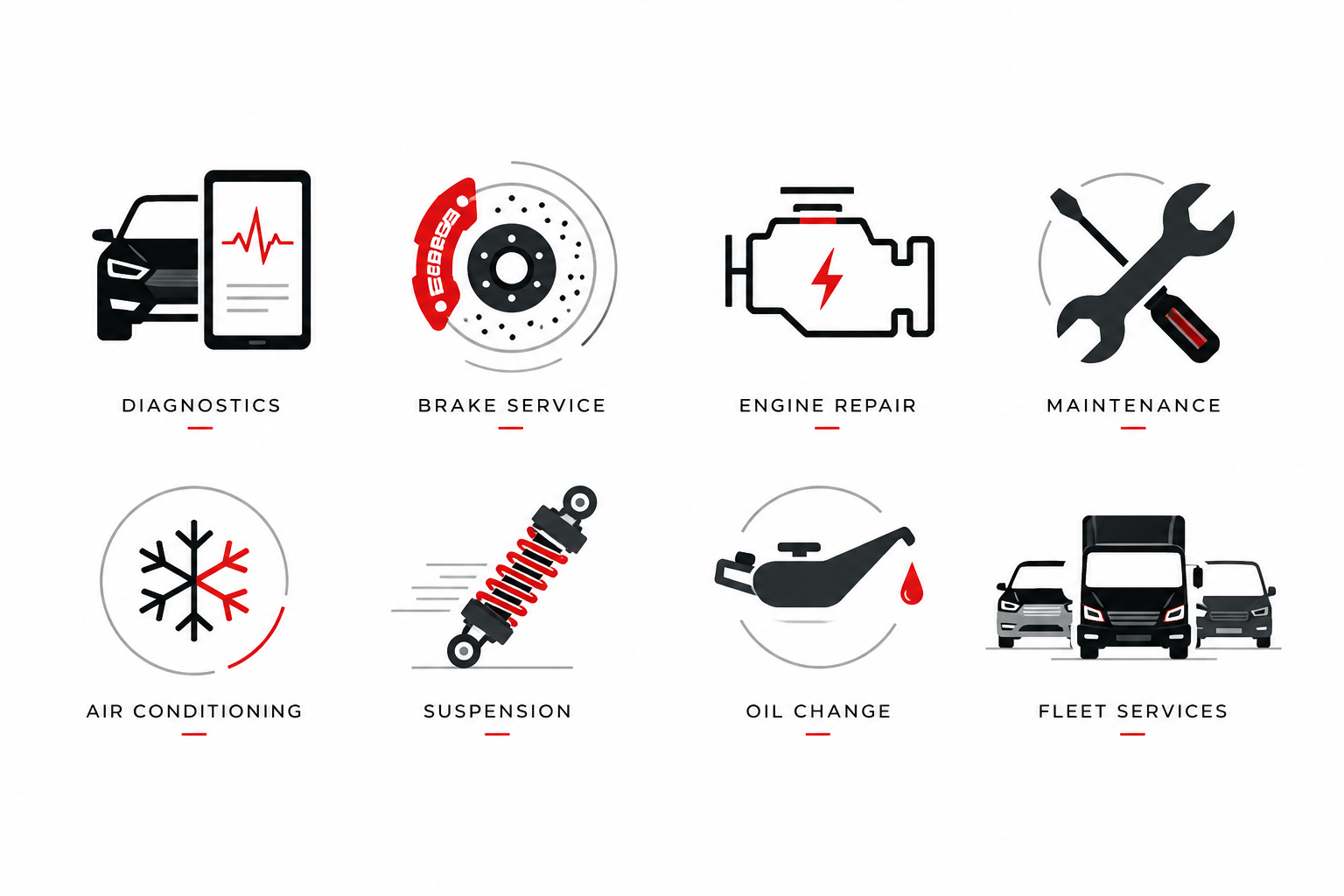 Icons representing vehicle services: diagnostics, brake service, engine repair, maintenance, air conditioning, suspension, oil change, and fleet services.