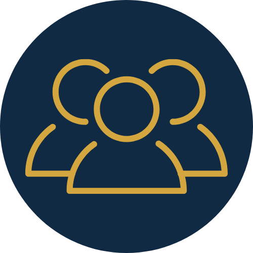 Icon of three gold outline people on a dark blue background.
