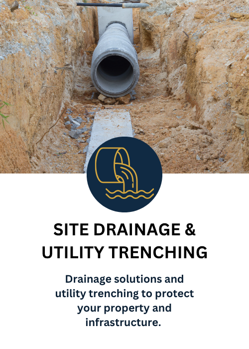 Construction site trench with large pipe for site drainage and utility trenching.