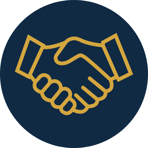 Gold outline of a handshake icon on a dark blue circular background.