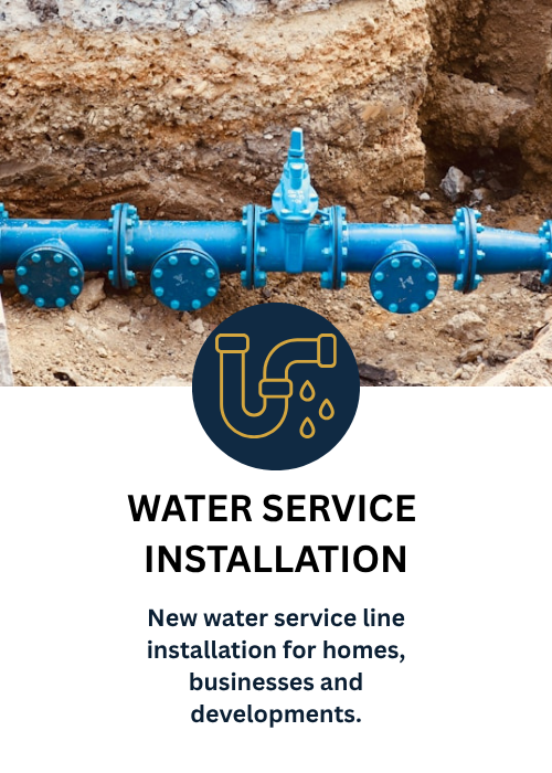 Blue water pipe with a valve installed in the ground during water line installation.