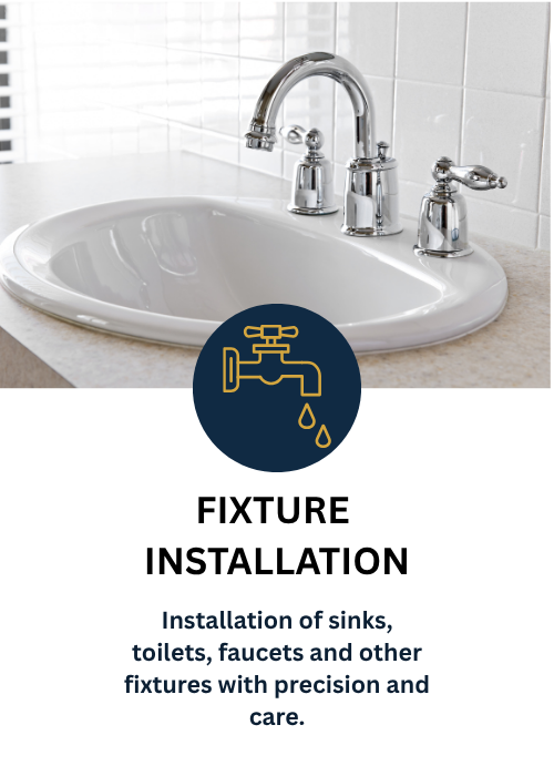 Close-up of a bathroom sink with a chrome faucet and white tiled wall in the background, overlaid with a faucet icon and text about fixture installation services.