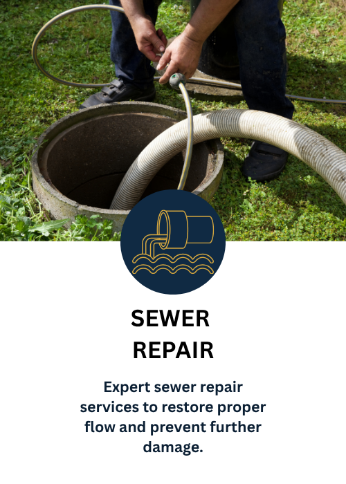 Person performing sewer repair, using tools near an open manhole with a hose, on grassy ground.