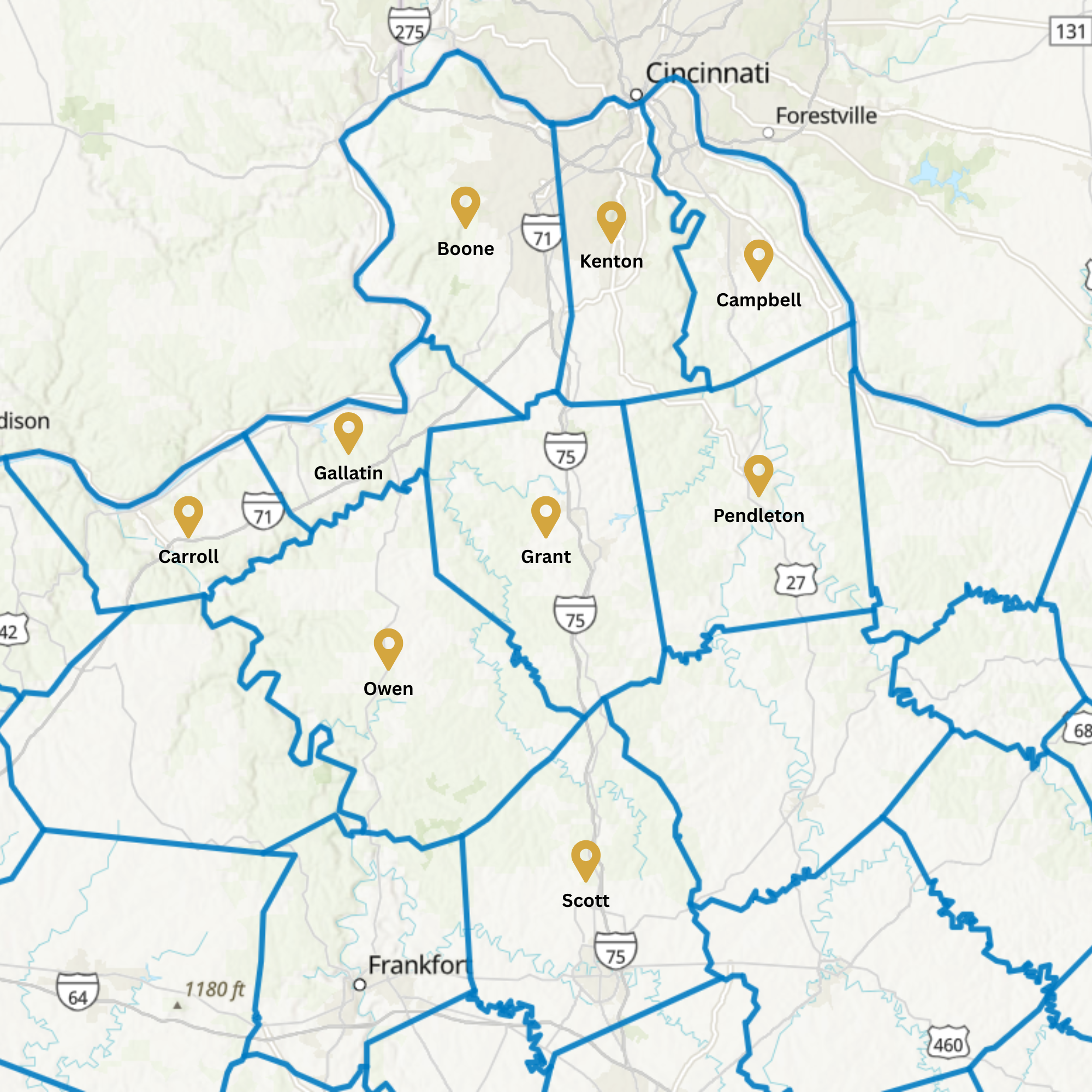 Service area map for Spartan Plumbing & Excavating serving Boone, Kenton, Campbell, Grant, Gallatin, Owen, Pendleton, Carroll, and Scott counties in Northern Kentucky
