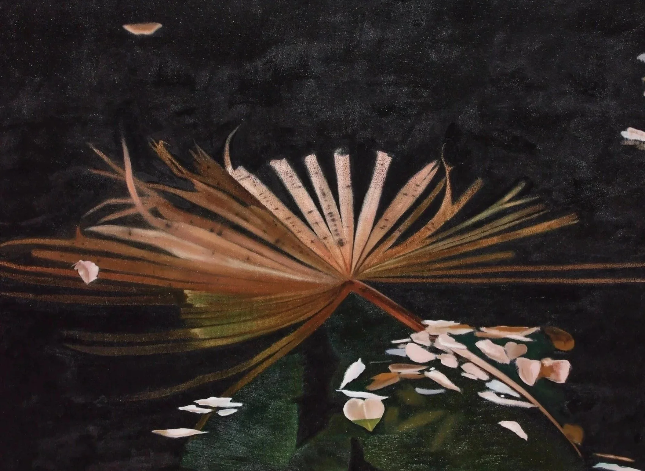 Close-up of a tropical or exotic flower with dark black background and fallen light-colored flower petals.