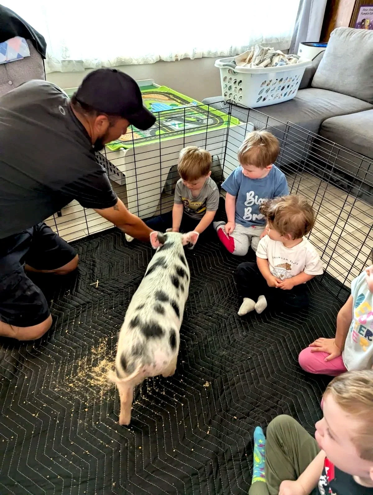 A man kneeling in front of a group of children sitting inside a small outdoor pet enclosure. The man is holding the head of a piglet with black and white markings, and the children are watching the piglet attentively. There are various household items and a couch in the background.