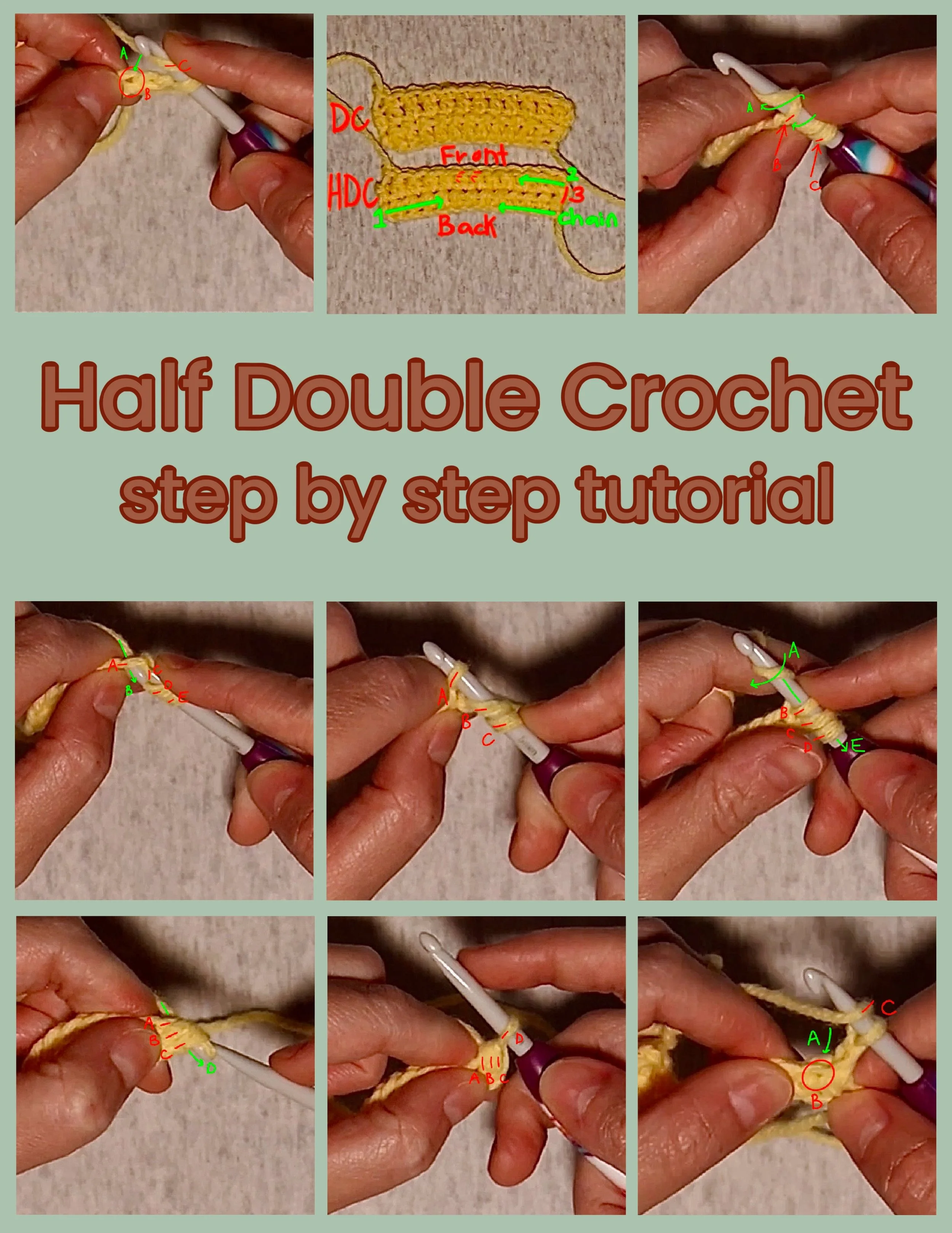 multiple different images of hands using yellow yarn to display different crochet steps, with the words "Half Double Crochet step by step tutorial" between the first and second row of pictures. 