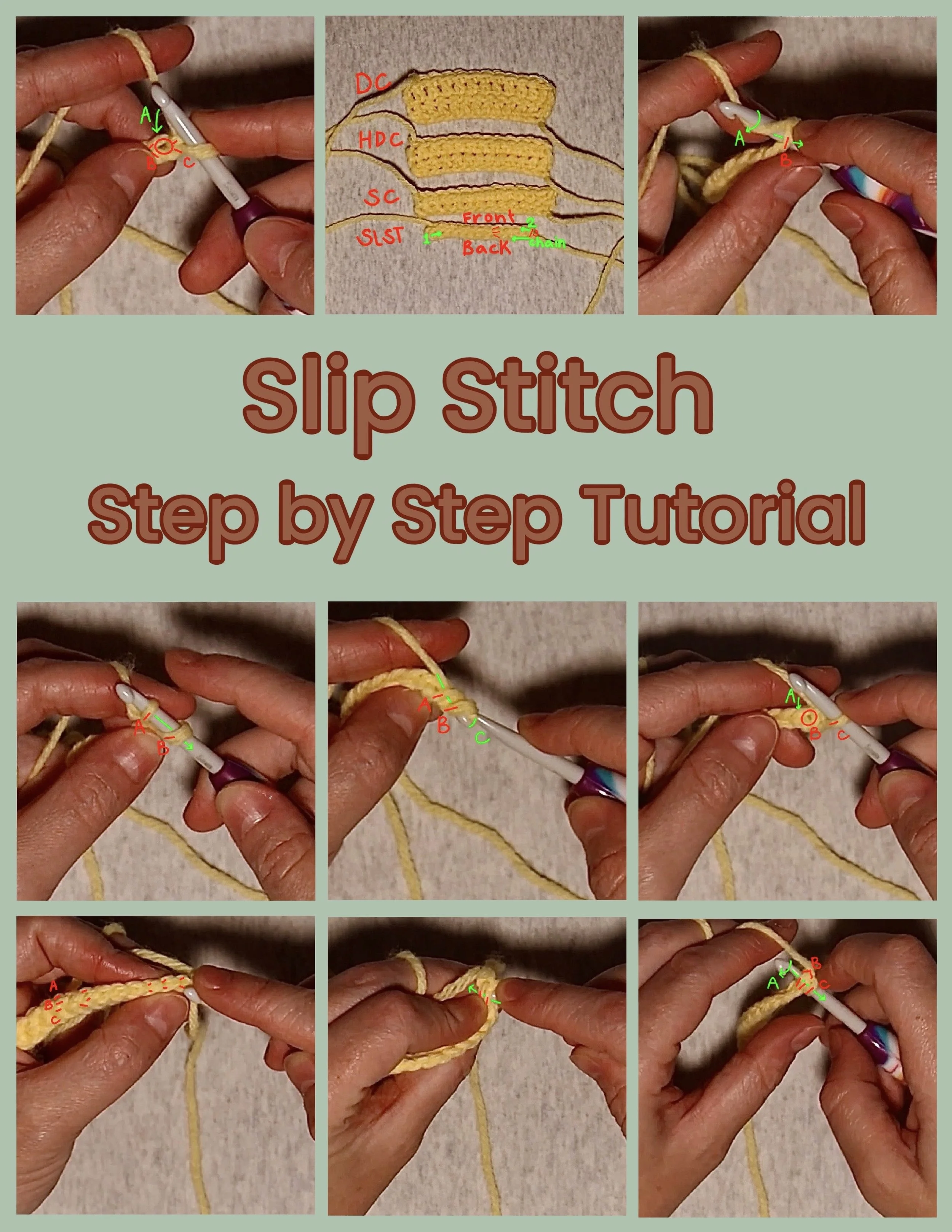 Collection of photographs displaying someone's hands crocheting, whith the Title "Slip Stitch" followed by "Step by Step Tutorial" in the middle of the page 