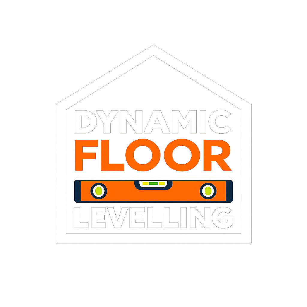 Neon sign reading "Dynamic Floor Leveling" with a house-shaped border, with a level tool graphic in the center.