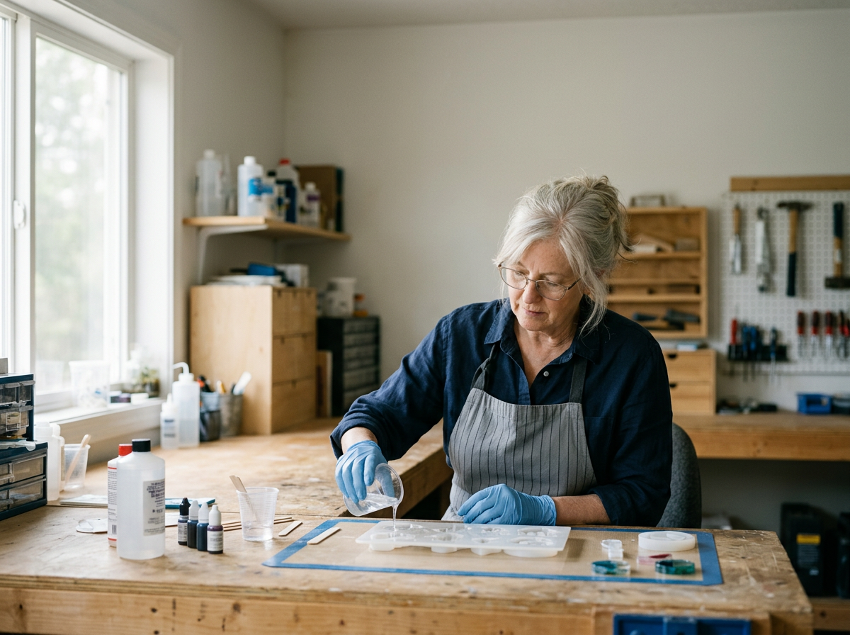 An elderly woman with glasses and gray hair tied back, wearing a striped apron and blue gloves, working with resin or epoxy on a wooden workbench in a workshop.