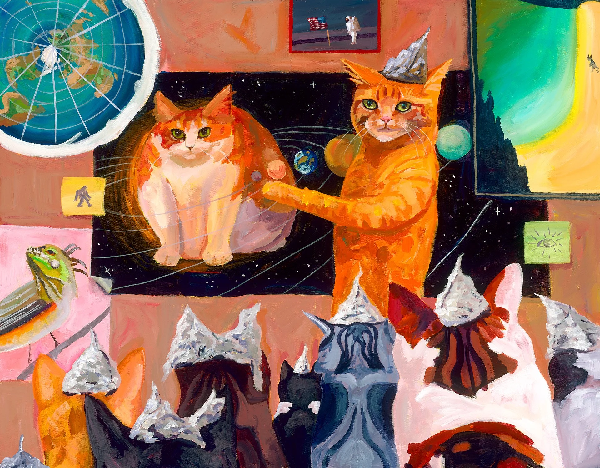 A colorful painting featuring two orange cats in center, one with a wizard hat, set against an abstract background with planets, a satellite dish, and a framed picture of astronauts planting a flag on the moon.