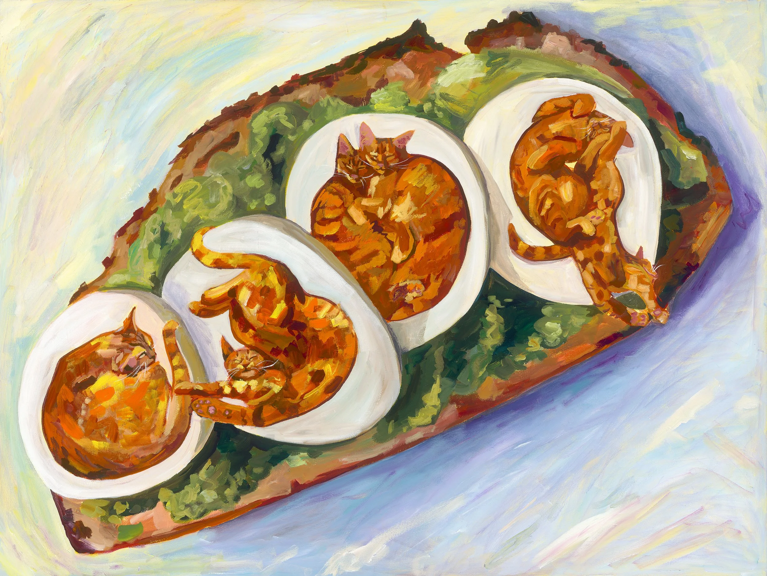 Painting of a tray with sliced oranges and a cut open papaya, with a mountain in the background.