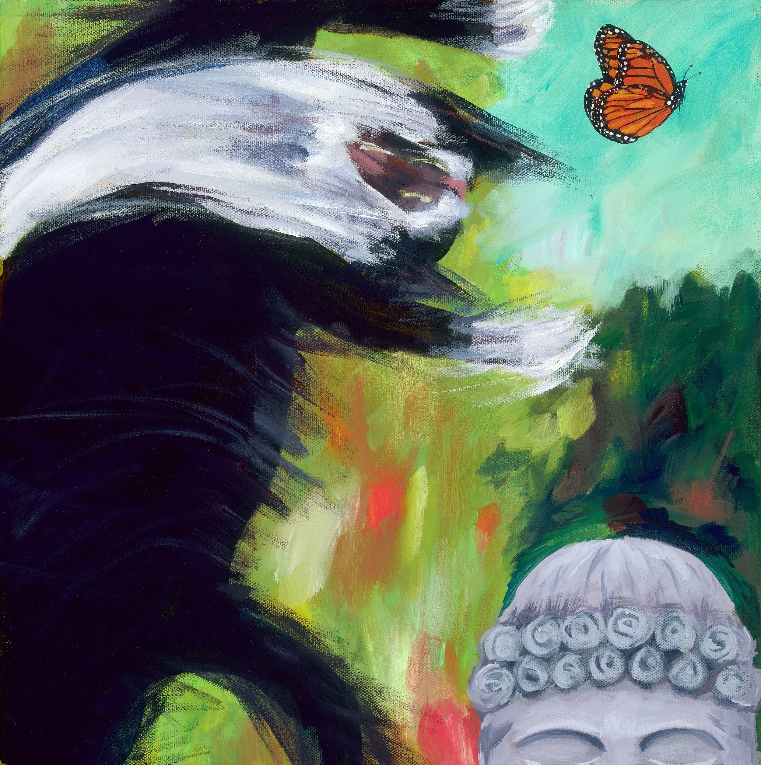 Abstract painting with vibrant colors, featuring a butterfly with orange and black wings flying on turquoise background, with swirling patterns and green foliage.