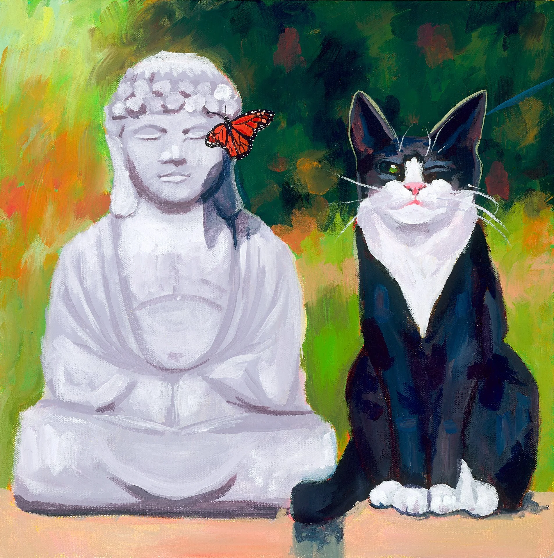 An abstract painting depicting a human face and a cat side by side in vibrant colors, with a butterfly perched on the human face.
