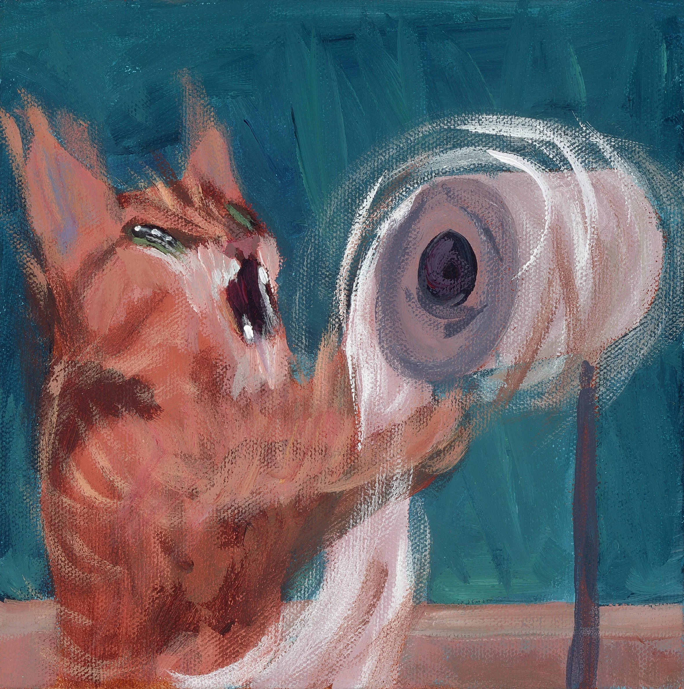 Close-up of an abstract colorful acrylic painting with swirls and textured brushstrokes in shades of teal, pink, orange, and white.