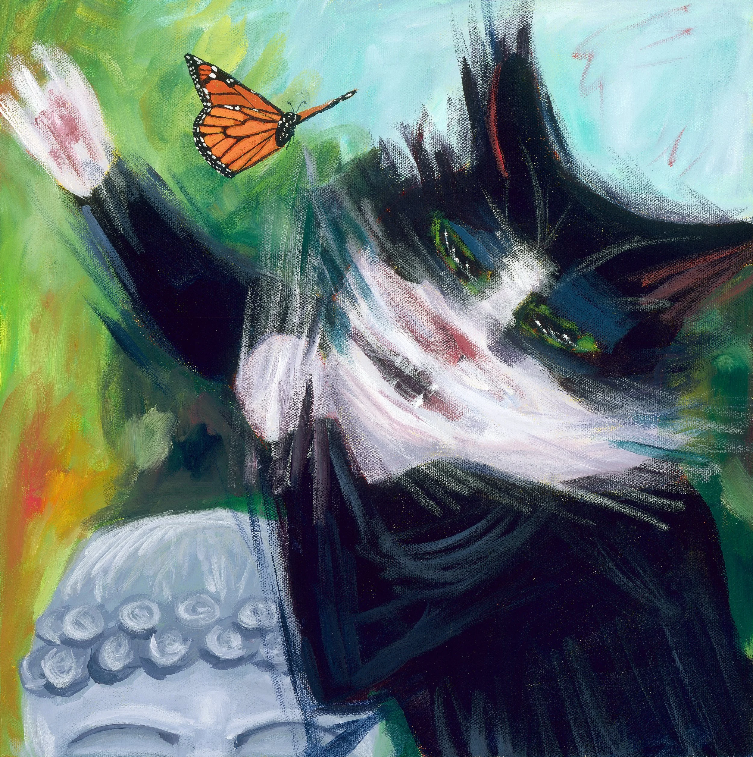 Abstract painting of a monarch butterfly with vibrant orange, black, and white wings, flying over a colorful, expressive background of green, blue, yellow, and darker shades.