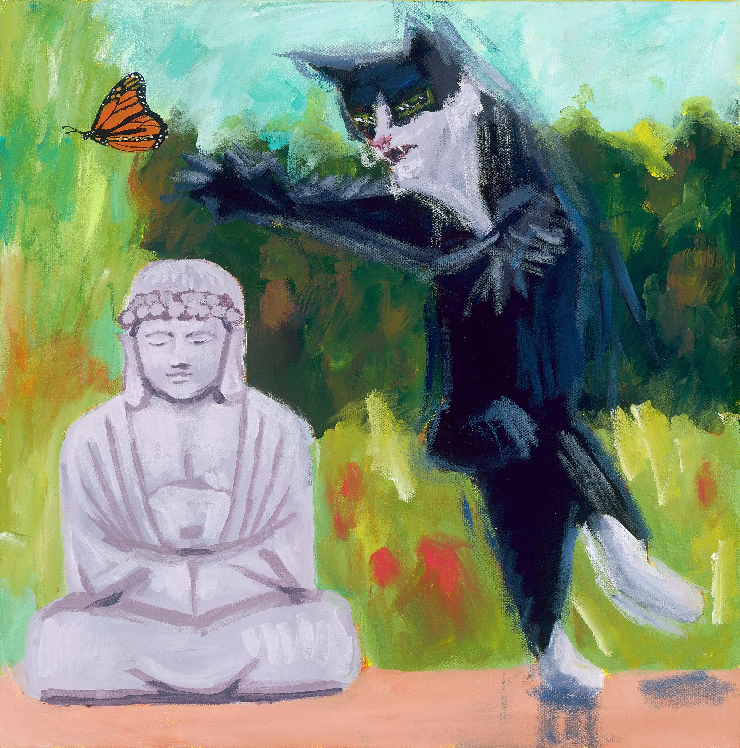 A colorful abstract painting featuring a black and white cat with yellow eyes, a white Buddha figure, and a vibrant orange butterfly in a lush green landscape with a blue sky.