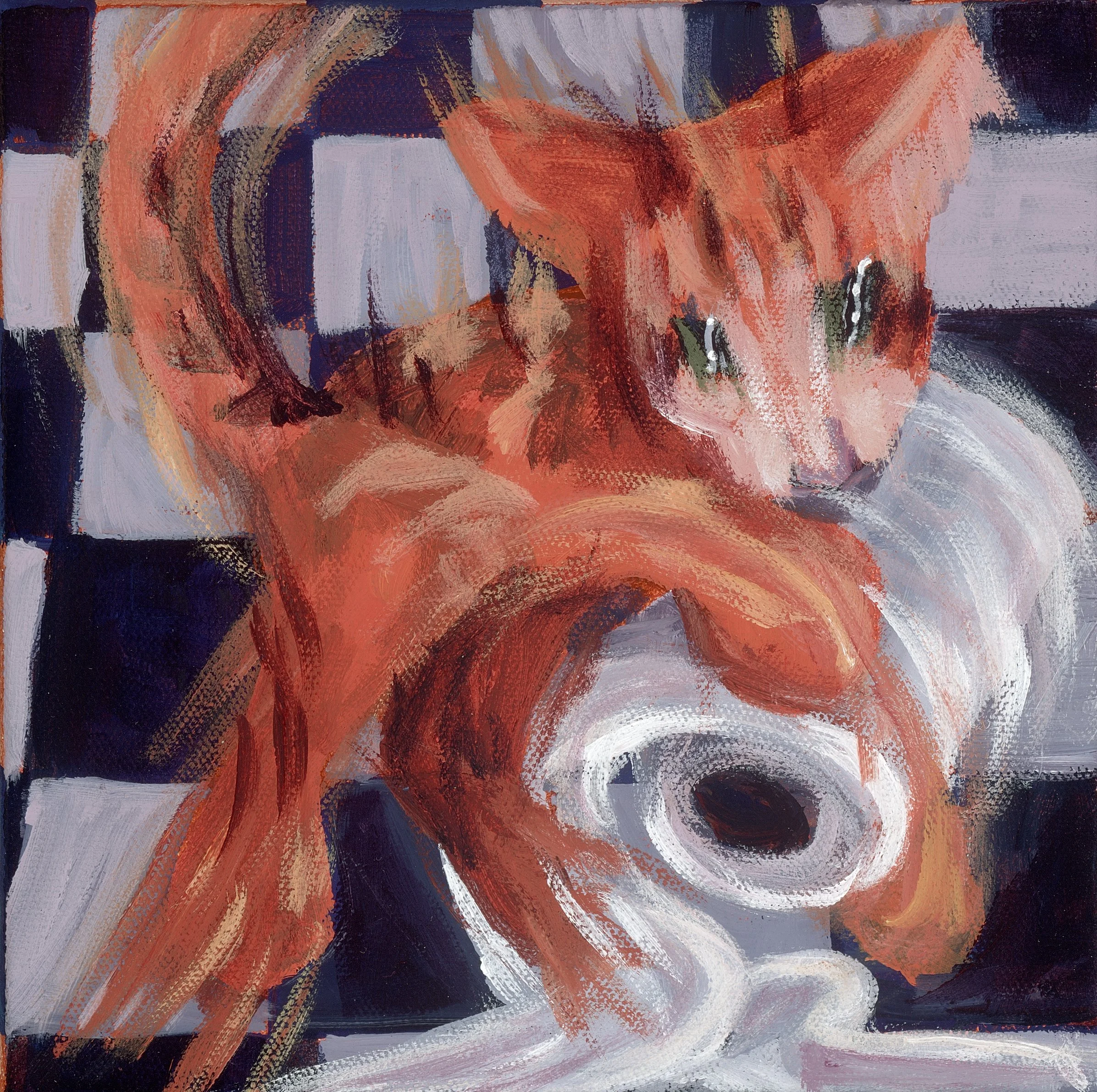An abstract painting with bold, sweeping brushstrokes in shades of orange, purple, gray, and white.