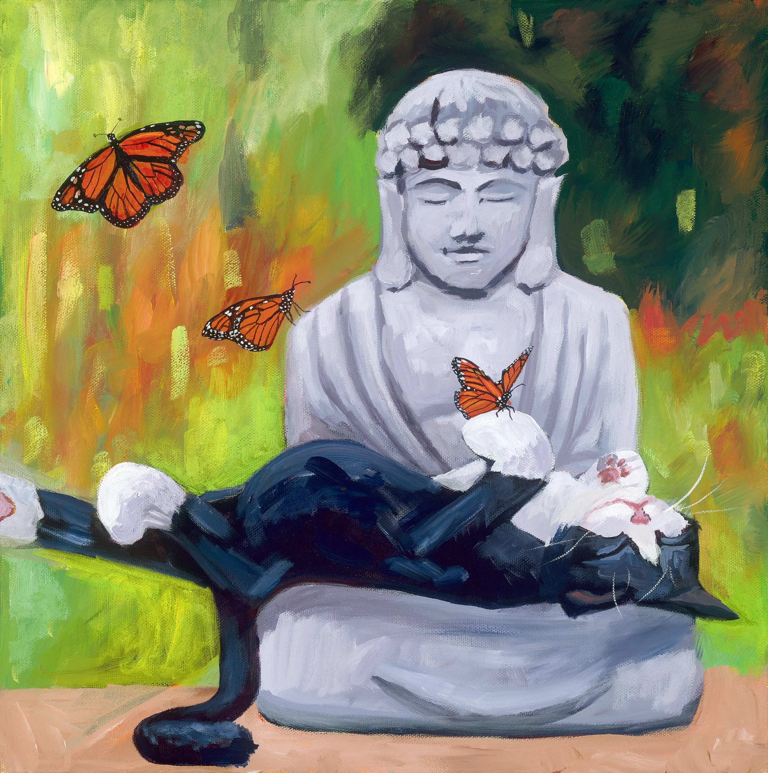 Painting of a serene Buddha head with closed eyes and a calm expression, surrounded by colorful abstract background with shades of green, orange, and deep blue, and featuring orange monarch butterflies in flight.