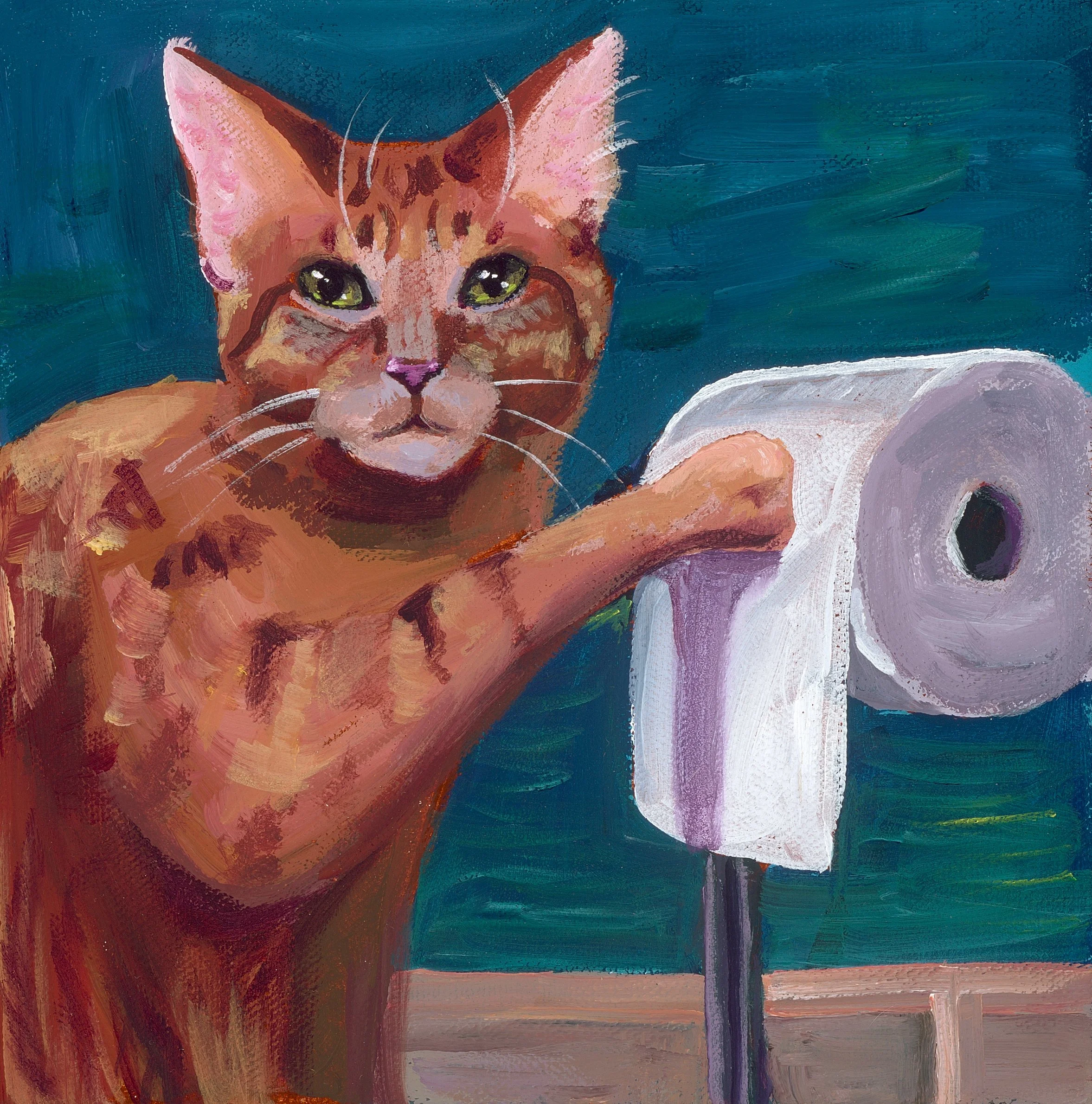 A colorful painting of an orange tabby cat with green eyes, sitting against a blue-green background.