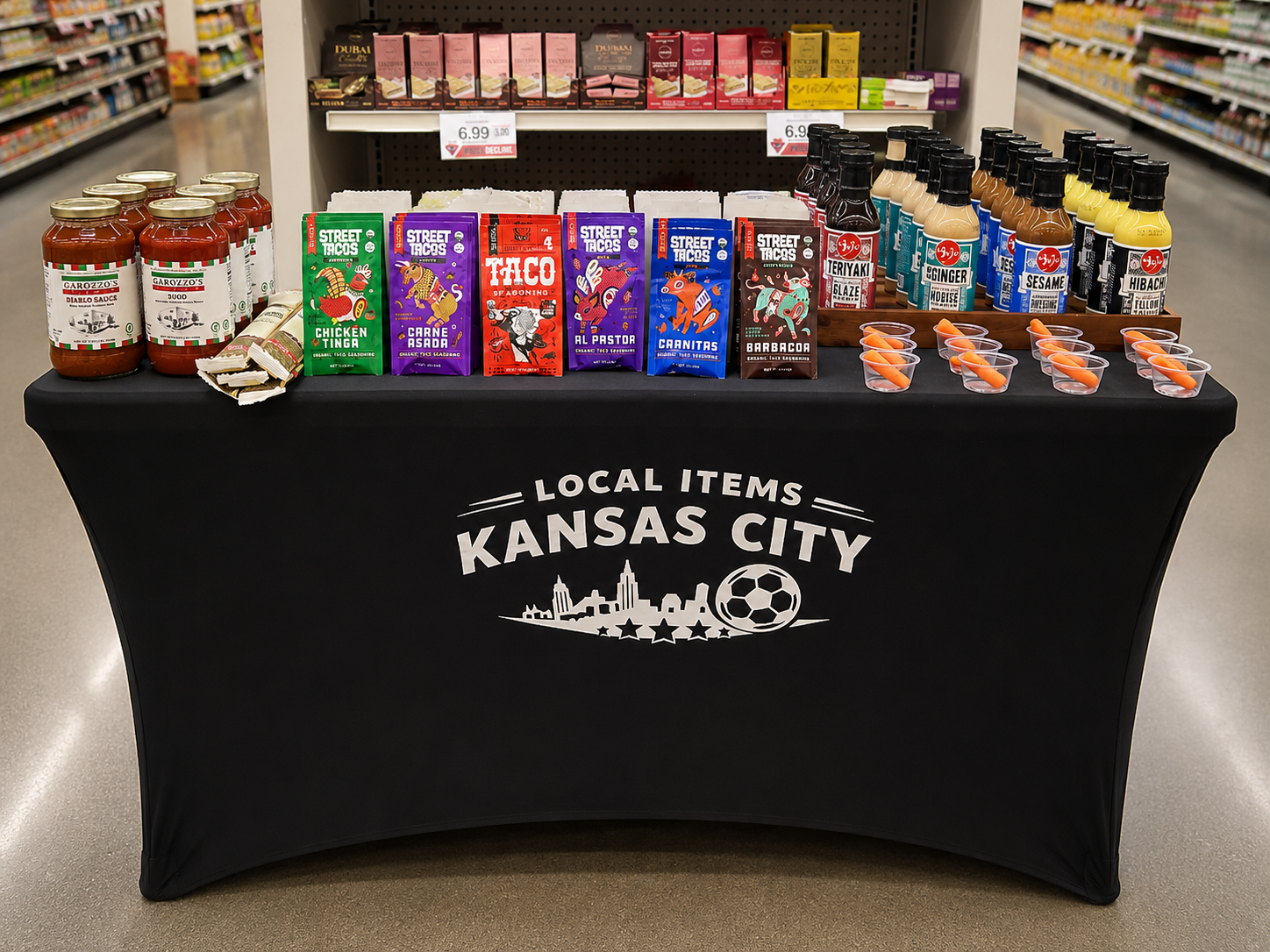 Display table with assorted local food products from Kansas City including sauces, snacks, and drinks in a grocery store aisle.