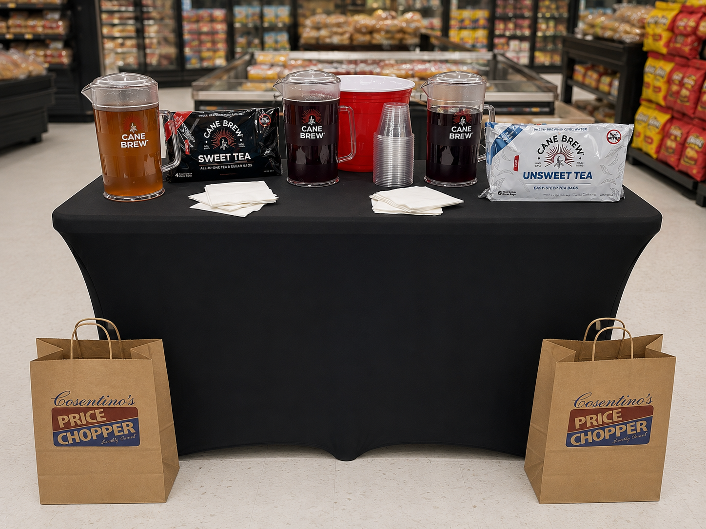Tea tasting station with various Cain Brew teas, cups, napkins, and two shopping bags from Cosentino's Price Chopper grocery store.