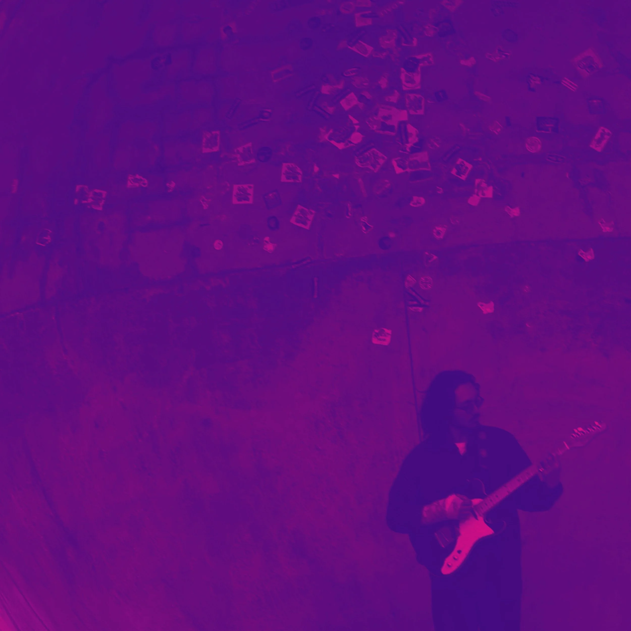 Purple background with scattered small, black and white images of various objects and people, with a pinkish hue overlay.