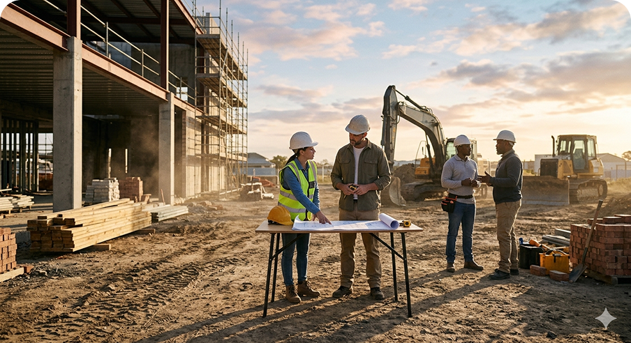 Professional engineers reviewing technical blueprints on a table at a modern industrial manufacturing facility under a clear sky."