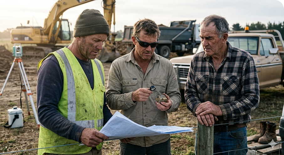 A team of environmental contractors in high-visibility safety gear analyzing site plans and soil core samples next to heavy machinery at a field remediation site.