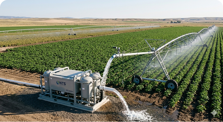 An industrial NTS water treatment unit filtering water for a large-scale center-pivot agricultural irrigation system over a lush green crop field.
