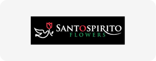Logo for Santo Spirito Flowers featuring a stylized dove with a red flower and the company name in black and green text.