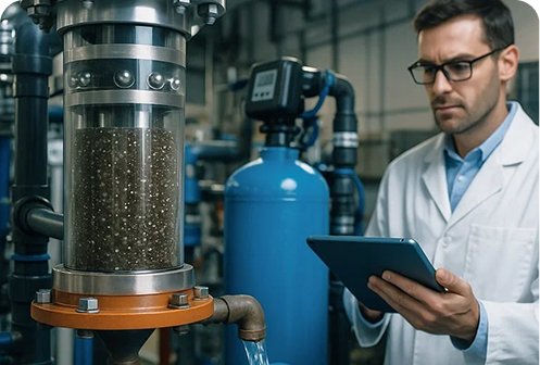 An Engineer using a tablet to monitor water treatment research equipment.