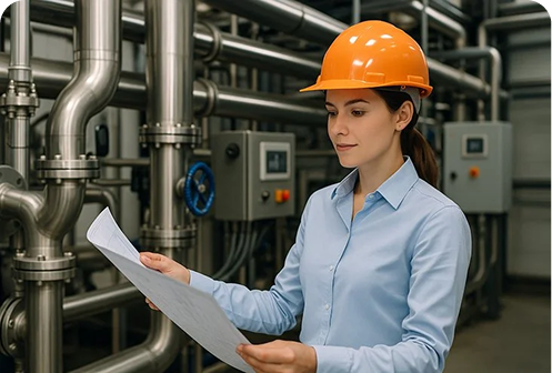 A site engineer reviewing technical plans near industrial water pipes.