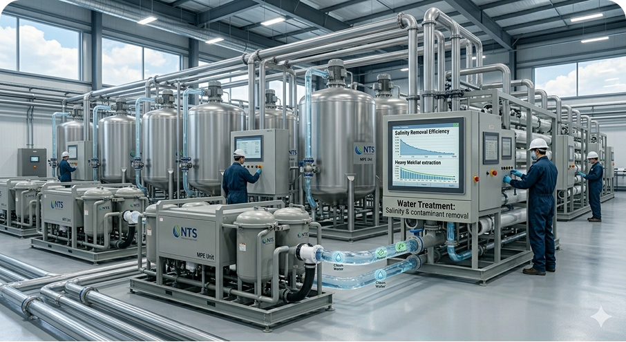 Rows of highly scalable, polished steel modular water processing units inside a clean, modern water treatment plant utility hall.