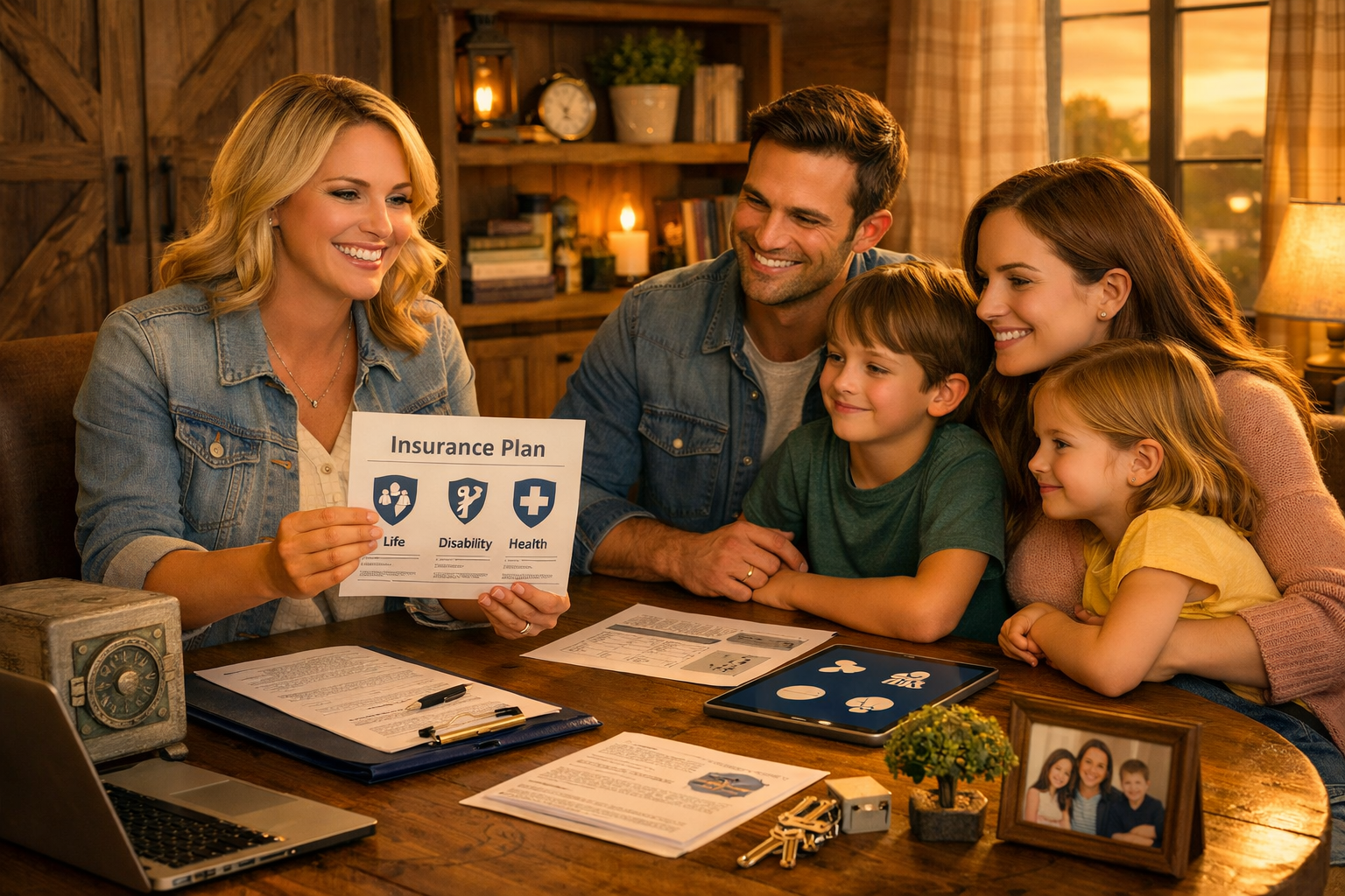 A woman showing an insurance plan to a happy family of five, including two adult women, a man, and two children, sitting at a wooden table in a warmly lit room with books and a picture frame.