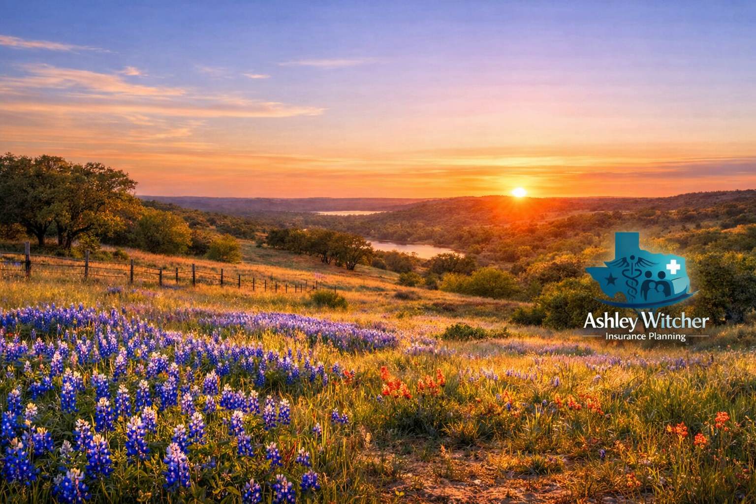 Sunset over a hill landscape with a field of purple flowers and a river in the distance, featuring a logo with a medical cross, family and medical symbols, and the text 'Ashley Witcher Insurance Planning'.